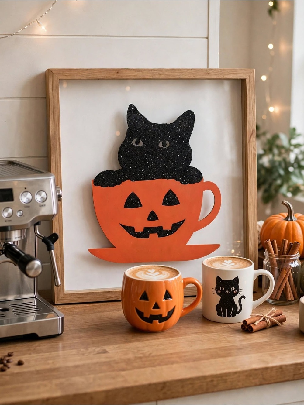 Halloween Black Cat and Pumpkin Glitter Wall Art